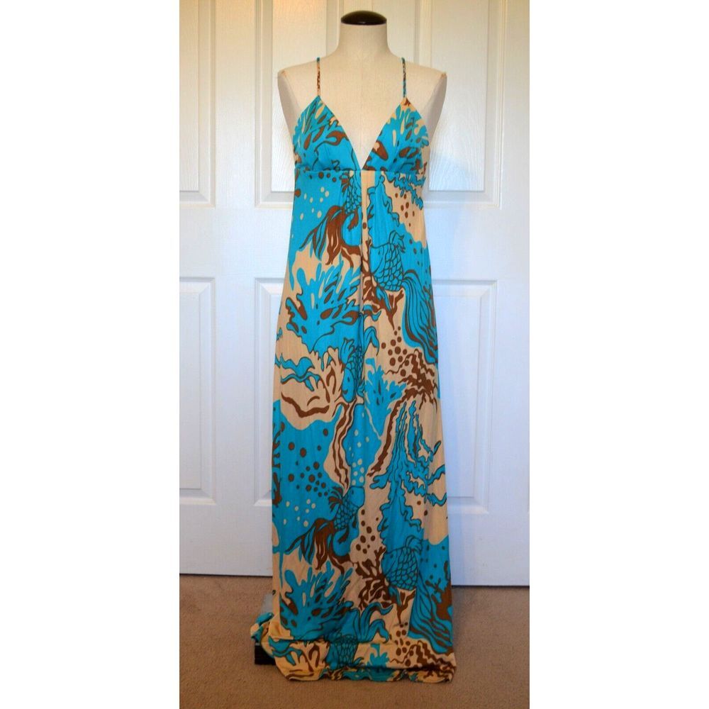 Julie Brown Silk Long Women's S Sleeveless Dress Blue Goldfish Spaghetti Straps